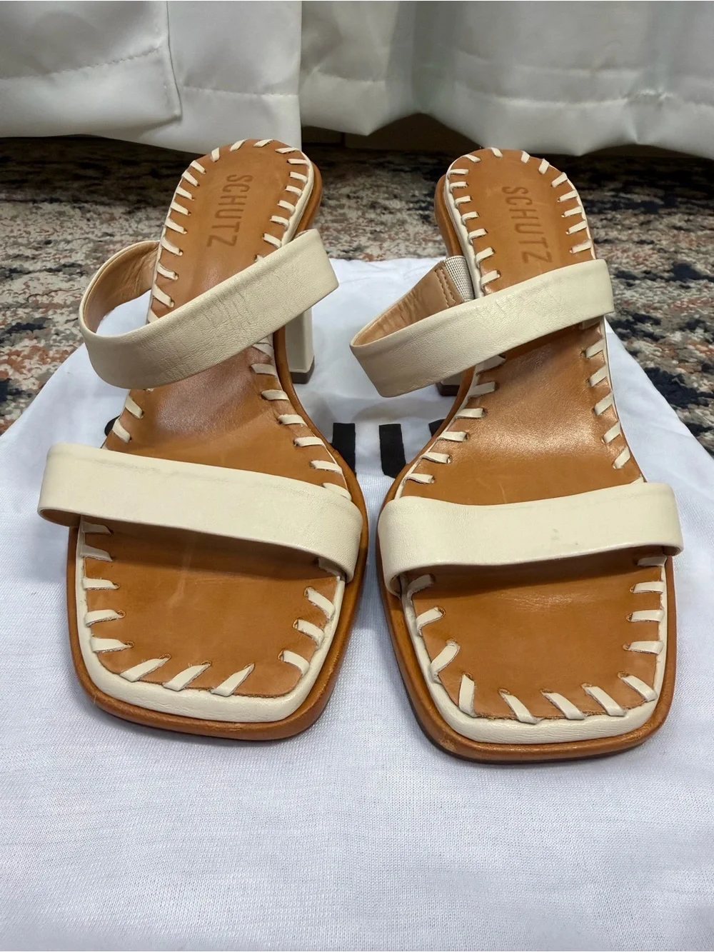 SCHUTZ Cream Leather Whipstitch Square Toe Block Heel Sandals Size 6
